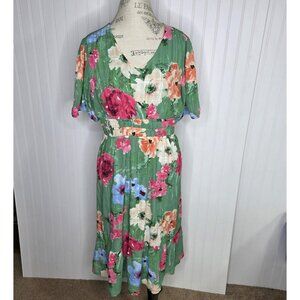 Luxology Dress Womens XL Green Floral Midi High Waist V Neck Cottage Boho NEW